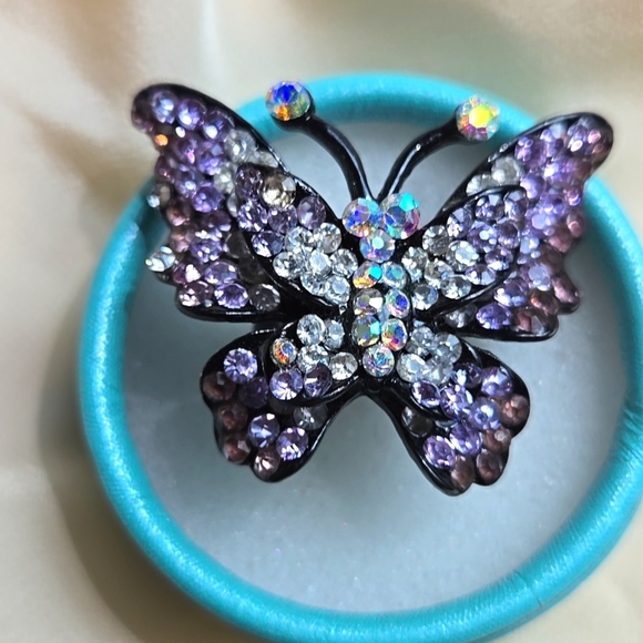 Purple Rhinestone Black Silver Tone Butterfly Ring Size 7 Adjustedble - Picture 4 of 17